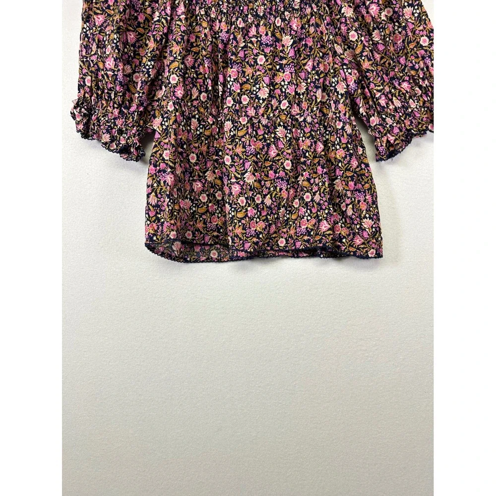Cottagecore Boho Old Navy Womens S Petite Navy Floral Smocked Puff Sleeve Blouse